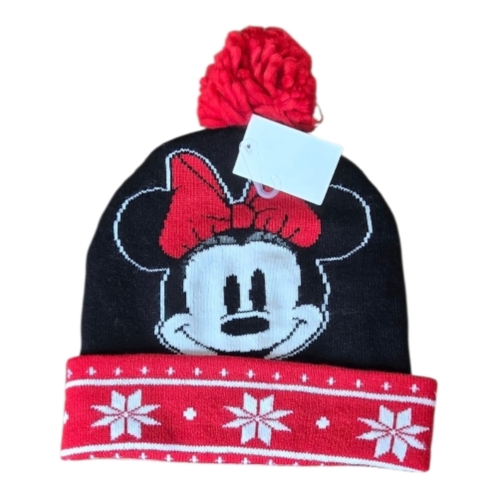 Disney Minnie Mouse Winter Beanie Hat Pom Pom Red Black Snowflake Knit NWT